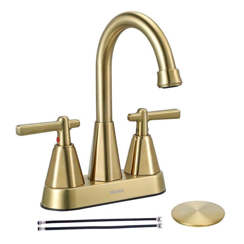 Sbosbo Bathroom Sink Faucet  SBOSBO 4 Inch Bathroom Faucet for Sink 3 Hole  2 Handle Sink Faucet with Pop Up Drain Assembly and 2 Water Supply Hoses for RV Bathroom Vanity (Brushed Gold) - Image 1